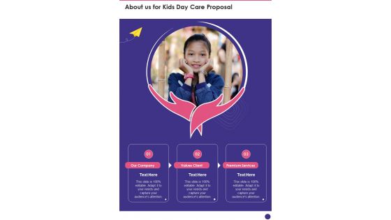 Kids Day Care Proposal About Us One Pager Sample Example Document