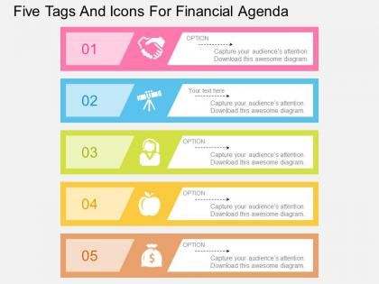 Ko five tags and icons for financial agenda flat powerpoint design