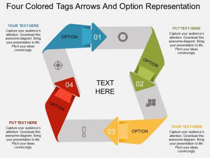 Kq four colored tags arrows and option representation flat powerpoint design