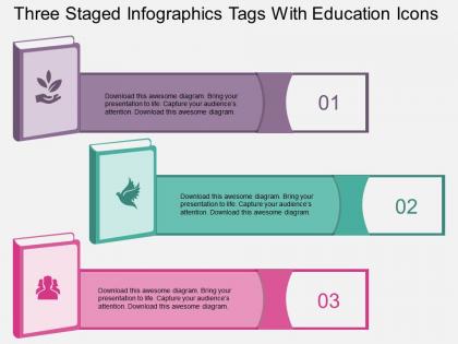 Kv three staged infographics tags with education icons flat powerpoint design