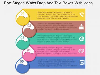 Kw five staged water drop and text boxes with icons flat powerpoint design
