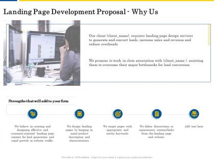Landing page development proposal why us ppt powerpoint presentation portfolio display