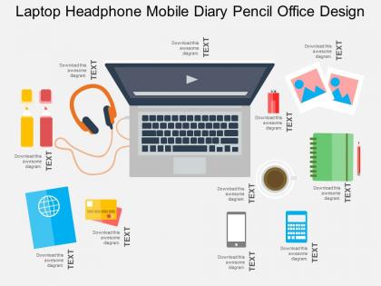 Laptop headphone mobile diary pencil office design flat powerpoint design