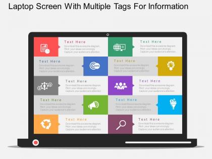 Laptop screen with multiple tags for information flat powerpoint design
