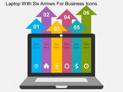 Laptop with six arrows for business icons flat powerpoint design