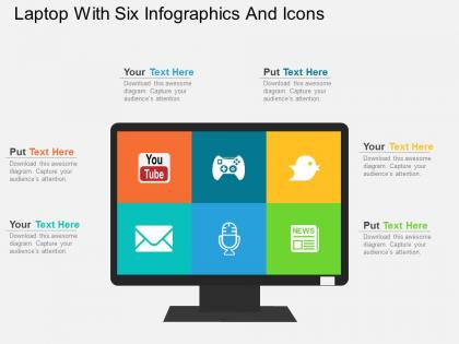 Laptop with six infographics and icons flat powerpoint design