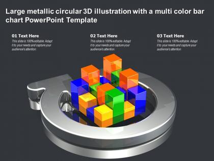 Large metallic circular 3d illustration with a multi color bar chart powerpoint template