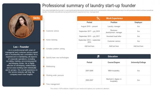 Laundry And Dry Cleaning Professional Summary Of Laundry Start Up Founder BP SS