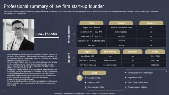 Law Firm Business Plan Professional Summary Of Law Firm Start Up Founder BP SS