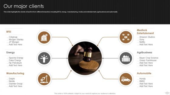 Law Firm Company Profile Our Major Clients Ppt Icon Portfolio