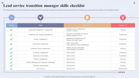 Lead Service Transition Manager Skills Checklist