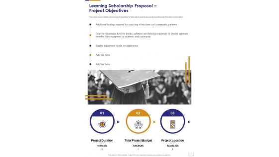 Learning Scholarship Proposal Project Objectives One Pager Sample Example Document