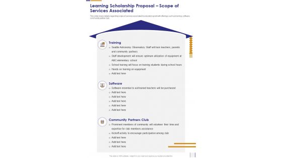 Learning Scholarship Proposal Scope Of Services Associated One Pager Sample Example Document