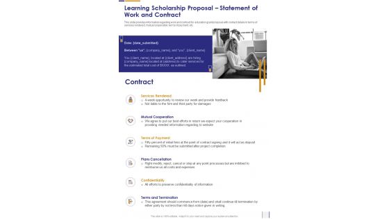 Learning Scholarship Proposal Statement Of Work And Contract One Pager Sample Example Document