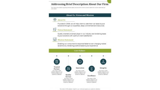 Lease Buyout Addressing Brief Description About Our Firm One Pager Sample Example Document