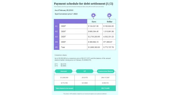 Lenders To Consider Loan Payment Schedule For Debt Settlement One Pager Sample Example Document