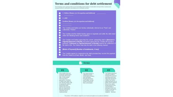 Lenders To Consider Loan Terms And Conditions For Debt Settlement One Pager Sample Example Document