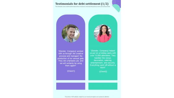 Lenders To Consider Loan Testimonials For Debt Settlement One Pager Sample Example Document