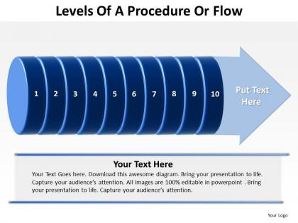 Levels of a procedure or flow shown by cylinder split up with arrow at end powerpoint templates 0712
