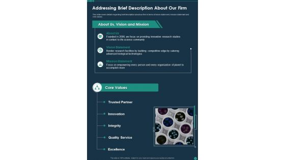 Life Science Project Addressing Brief Description About Our Firm One Pager Sample Example Document