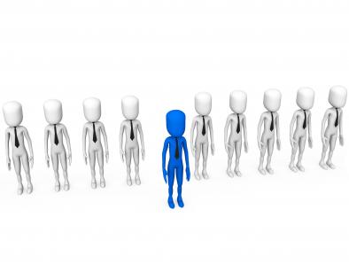 Line of white 3d men with one blue man showing leadership stock photo