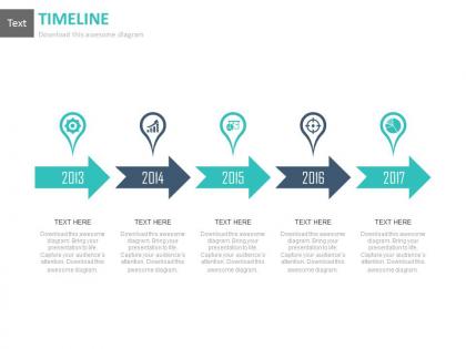 Linear arrow timeline chart with years and icons powerpoint slides
