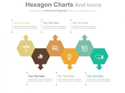 Linear hexagon charts and icons for financial analysis flat powerpoint design