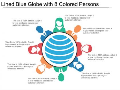Lined blue globe with 8 colored persons