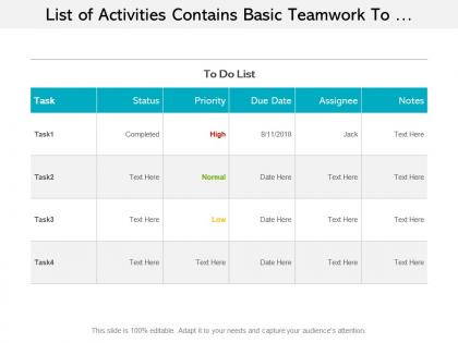List of activities contains basic teamwork to do tasks