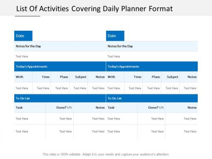 List of activities covering daily planner format