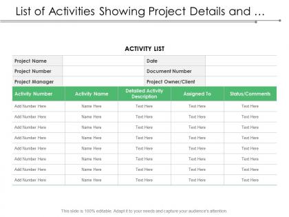List of activities showing project details and assigned status