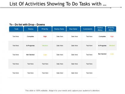 List of activities showing to do tasks with drop and downs