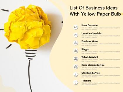 List of business ideas with yellow paper bulb