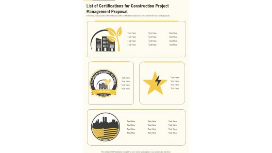 List Of Certifications For Construction Project Management One Pager Sample Example Document