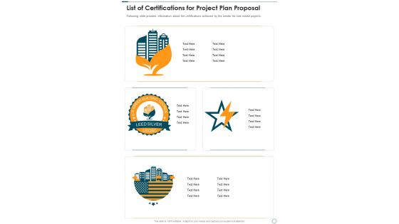 List Of Certifications For Project Plan Proposal One Pager Sample Example Document