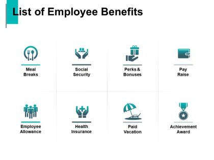 List of employee benefits social security meal breaks ppt powerpoint presentation visual aids pictures