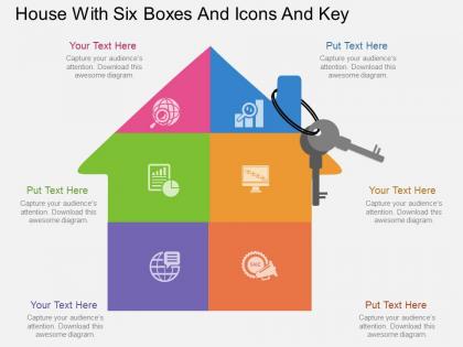 Lk house with six boxes and icons and key flat powerpoint design