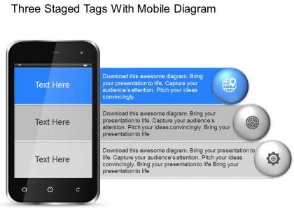Lo three staged tags with mobile diagram powerpoint template