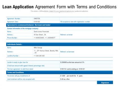 Loan application agreement form with terms and conditions
