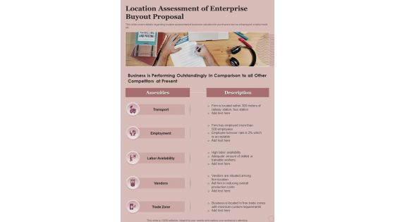 Location Assessment Of Enterprise Buyout Proposal One Pager Sample Example Document