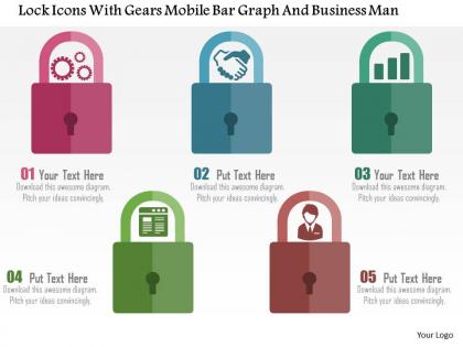 Lock icons with gears mobile bar graph and business man flat powerpoint design