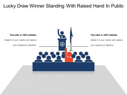 Lucky draw winner standing with raised hand in public