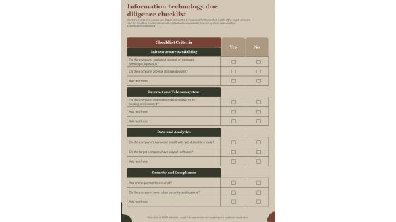 M And A Playbook Information Technology Due Diligence Checklist One Pager Sample Example Document