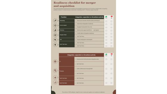 M And A Playbook Readiness Checklist For Merger And Acquisition One Pager Sample Example Document