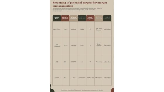 M And A Playbook Screening Of Potential Targets For Merger And Acquisition One Pager Sample Example Document