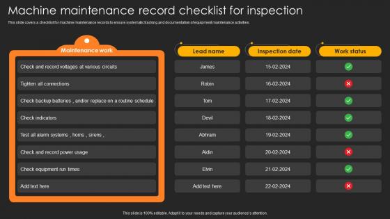 Machine Maintenance Record Checklist For Inspection