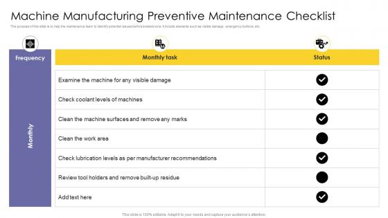 Machine Manufacturing Preventive Maintenance Checklist