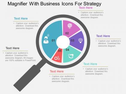 Magnifier with business icons for strategy flat powerpoint design