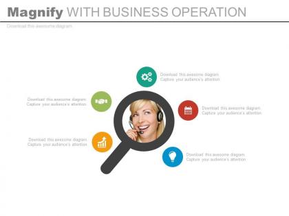 Magnifier with business operations flat powerpoint design