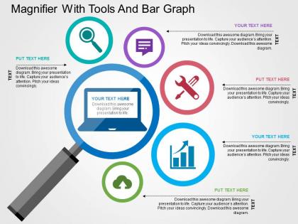 Magnifier with tools and bar graph flat powerpoint design